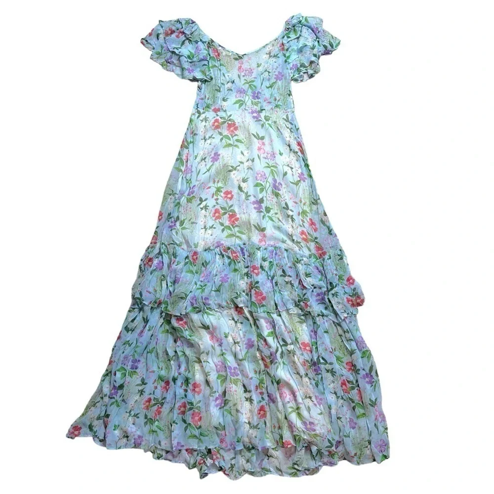 byTiMo Light Blue Floral Chiffon Ruffled Short Sleeve Maxi Dress US S - Picture 7 of 7